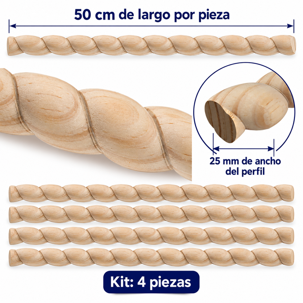 Kit 4 Bastones Trenzados T-08 de Madera | 55 cm c/u | Pino Natural para Proyectos DIY