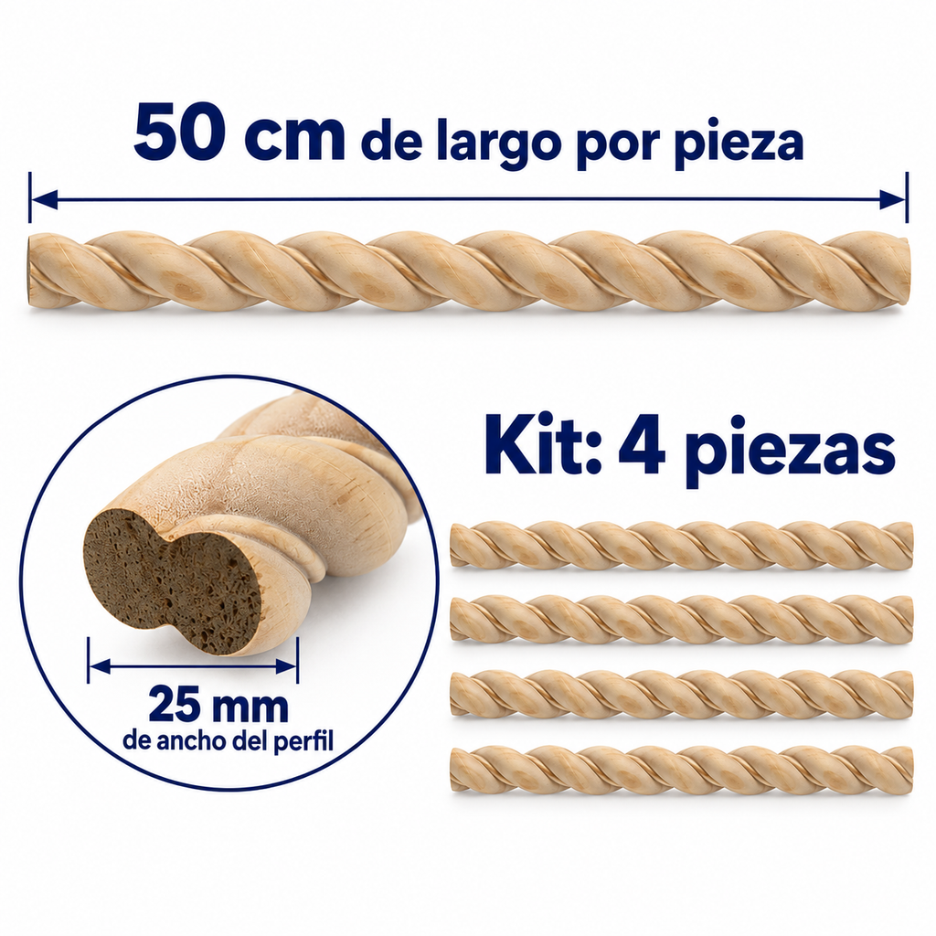 Kit 4 Bastones Trenzados T-07 de Madera | 55 cm c/u | Pino Natural para Proyectos DIY
