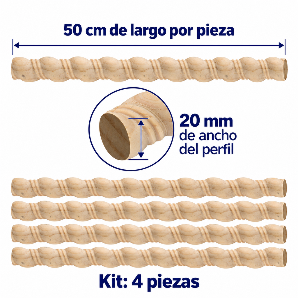 Kit 4 Bastones Trenzados T-04 de Madera | 55 cm c/u | Pino Natural para Proyectos DIY
