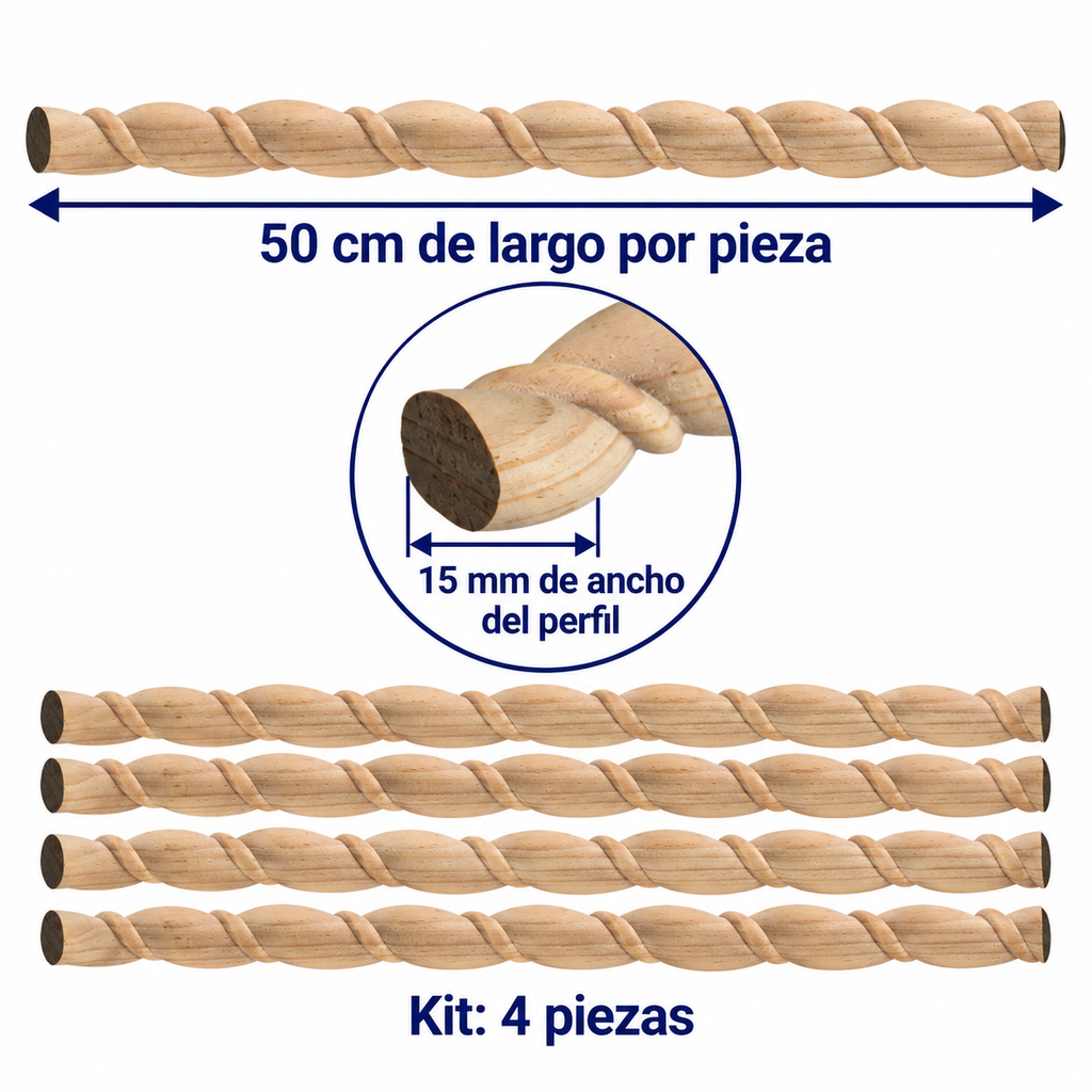 Kit 4 Bastones Trenzados T-03 de Madera | 55 cm c/u | Pino Natural para Proyectos DIY
