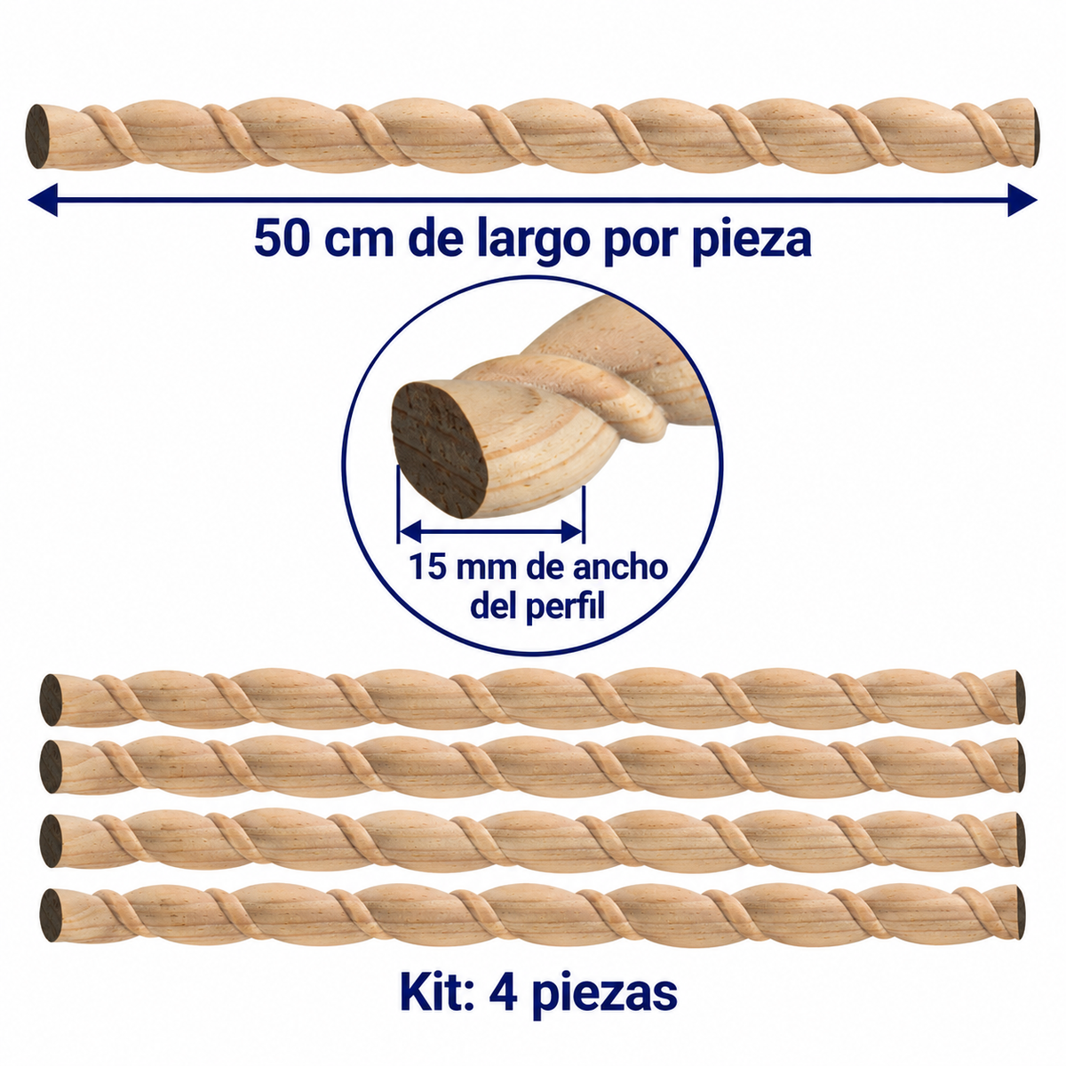 Kit 4 Bastones Trenzados T-03 de Madera | 55 cm c/u | Pino Natural para Proyectos DIY