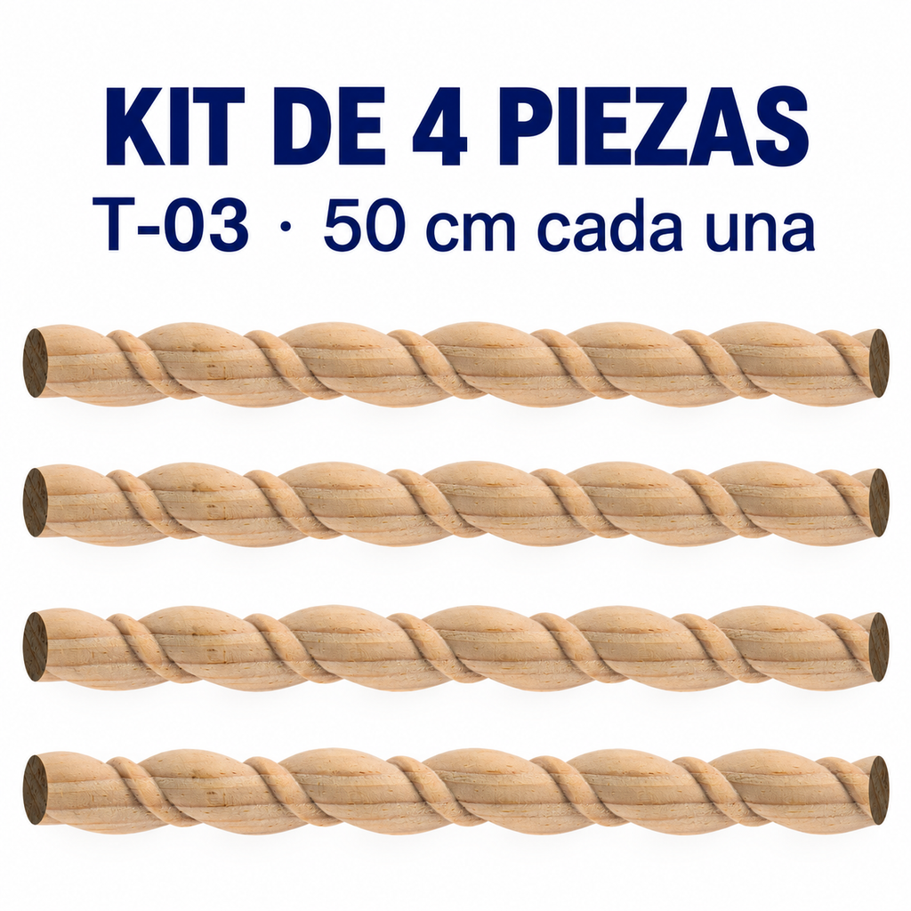 Kit 4 Bastones Trenzados T-03 de Madera | 55 cm c/u | Pino Natural para Proyectos DIY