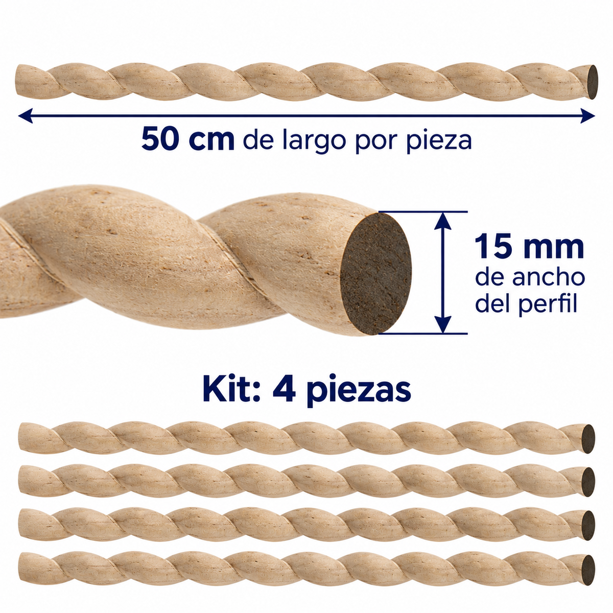Kit 4 Bastones Trenzados T-02 de Madera | 55 cm c/u | Pino Natural para Proyectos DIY