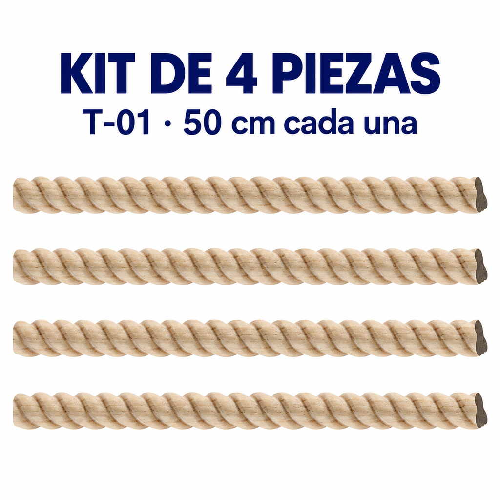 Kit 4 Bastones Trenzados T-01 de Madera | 55 cm c/u | Pino Natural para Proyectos DIY