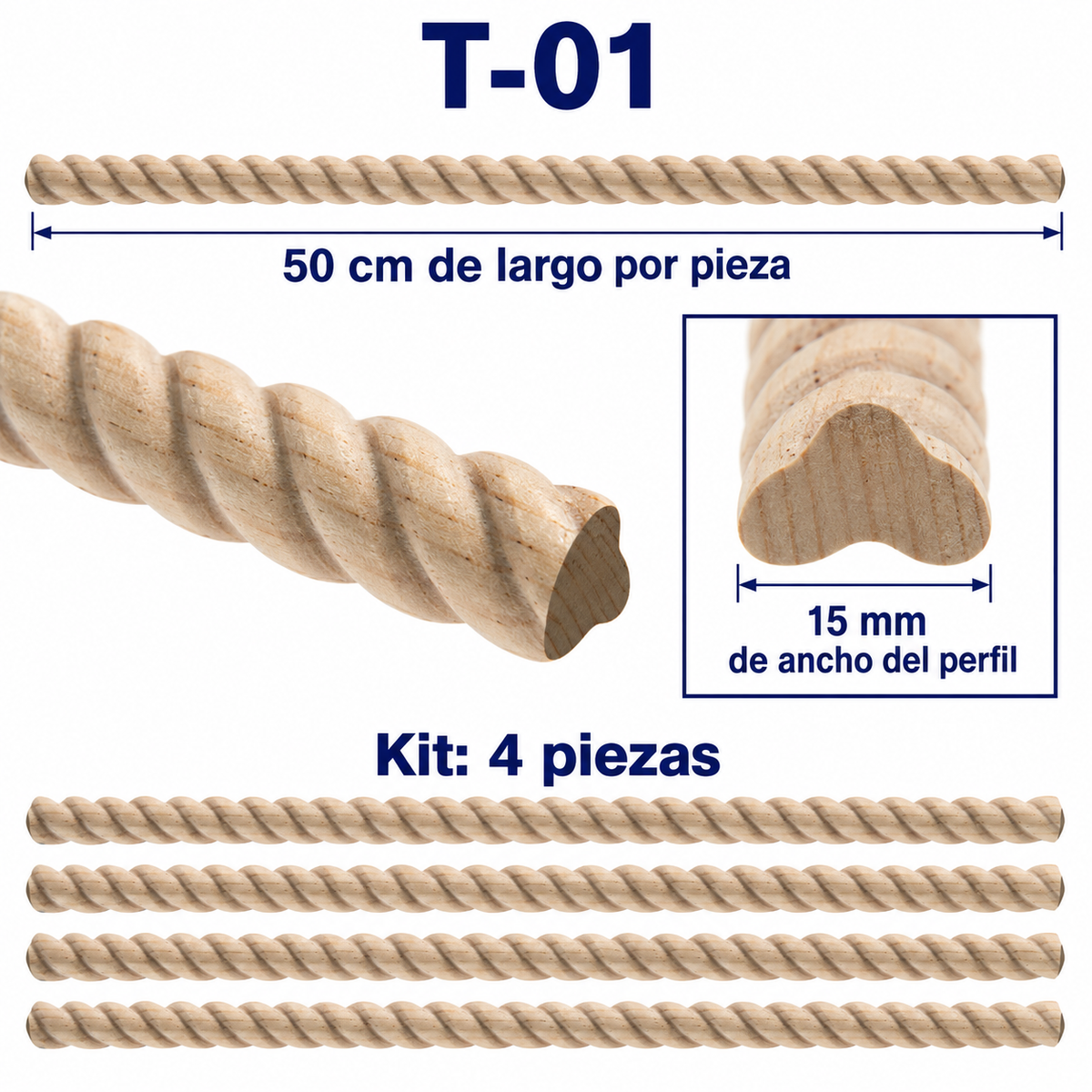 Kit 4 Bastones Trenzados T-01 de Madera | 55 cm c/u | Pino Natural para Proyectos DIY