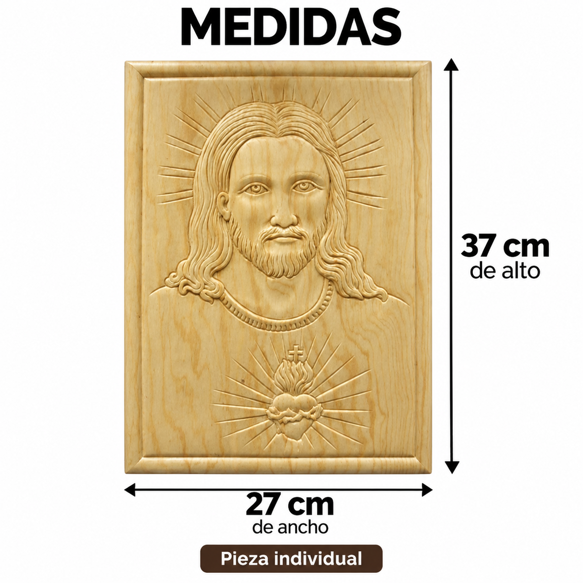 Figura Decorativa del Sagrado Corazón de Jesús en Madera Natural