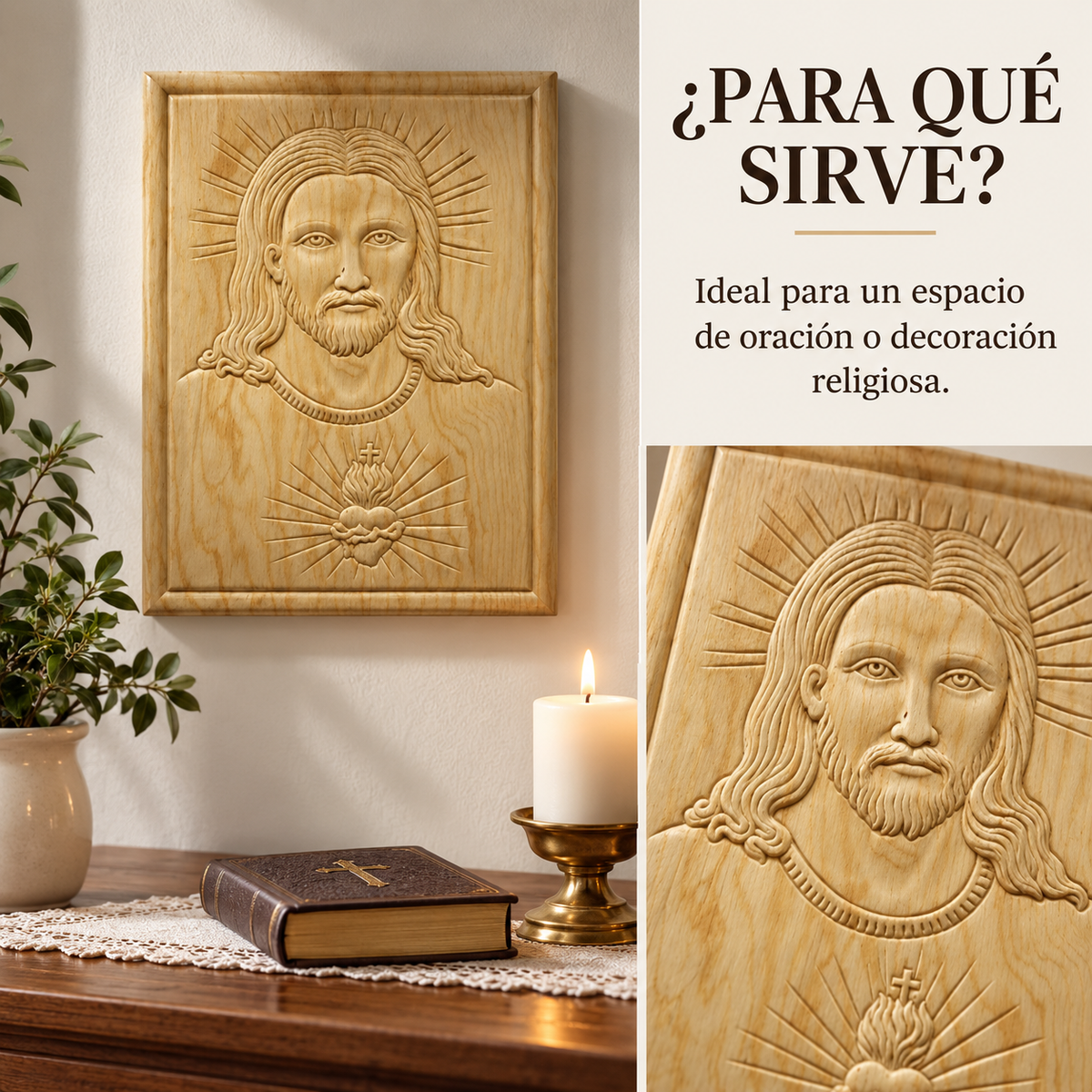 Figura Decorativa del Sagrado Corazón de Jesús en Madera Natural
