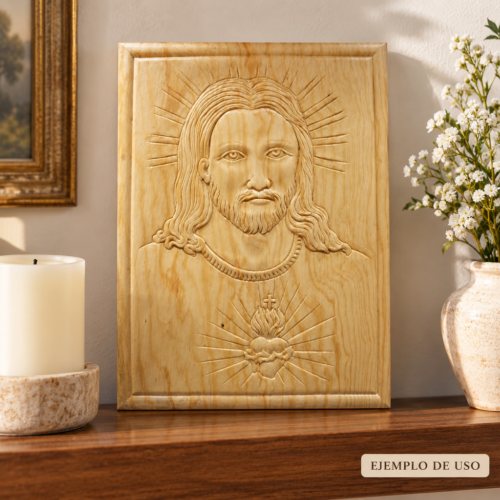 Figura Decorativa del Sagrado Corazón de Jesús en Madera Natural