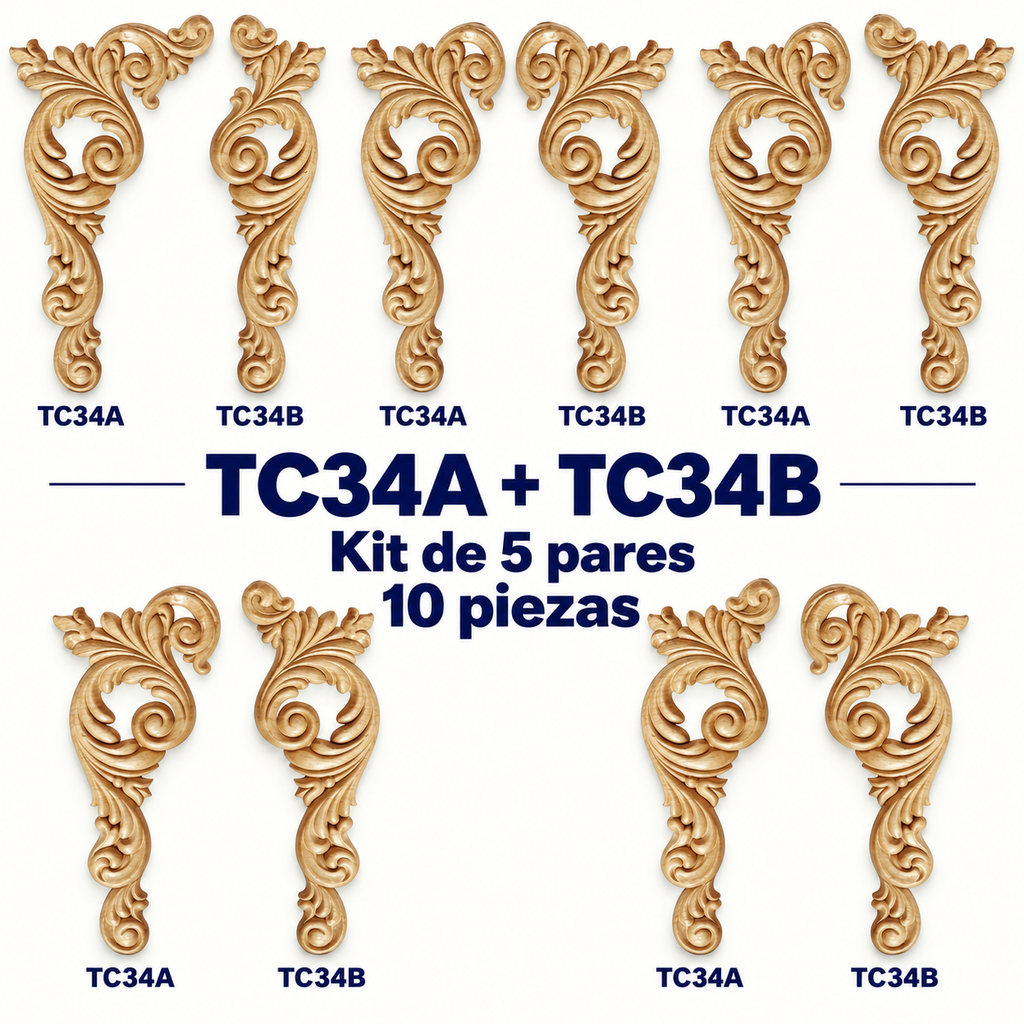 Kit de 2 Aplicaciones Decorativas de Madera TC34A + TC34B | Par Complementario de Pino Natural | 14.5 × 24 cm