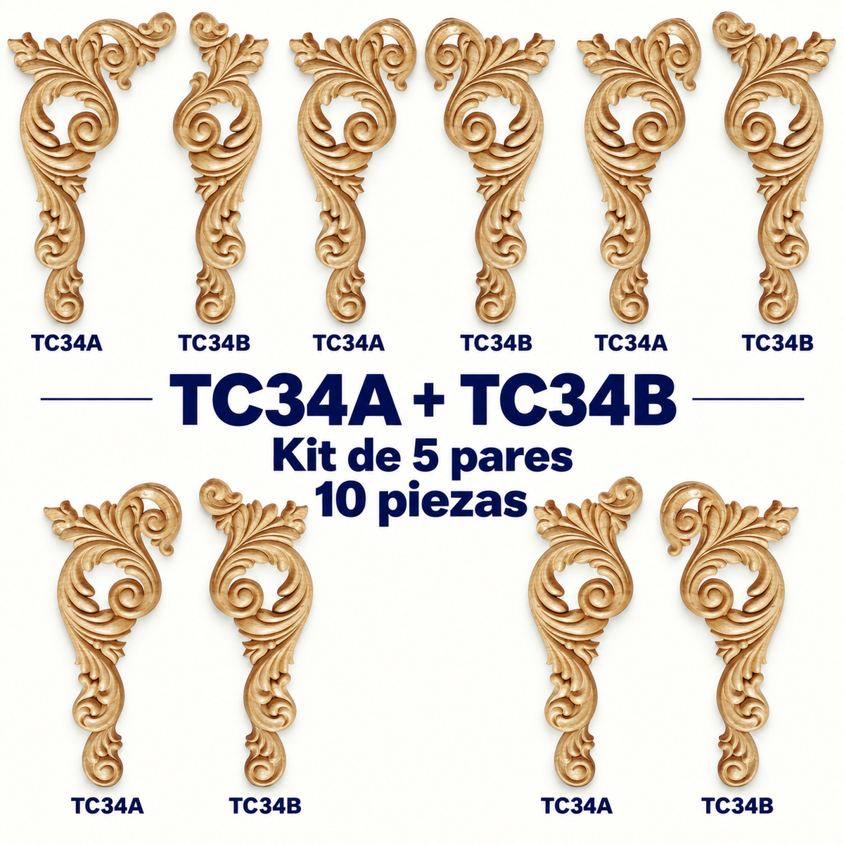 Kit de 2 Aplicaciones Decorativas de Madera TC34A + TC34B | Par Complementario de Pino Natural | 14.5 × 24 cm