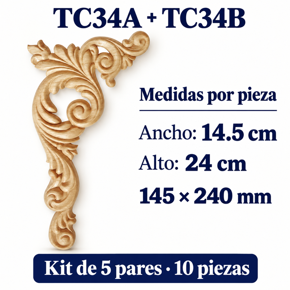 Kit de 2 Aplicaciones Decorativas de Madera TC34A + TC34B | Par Complementario de Pino Natural | 14.5 × 24 cm