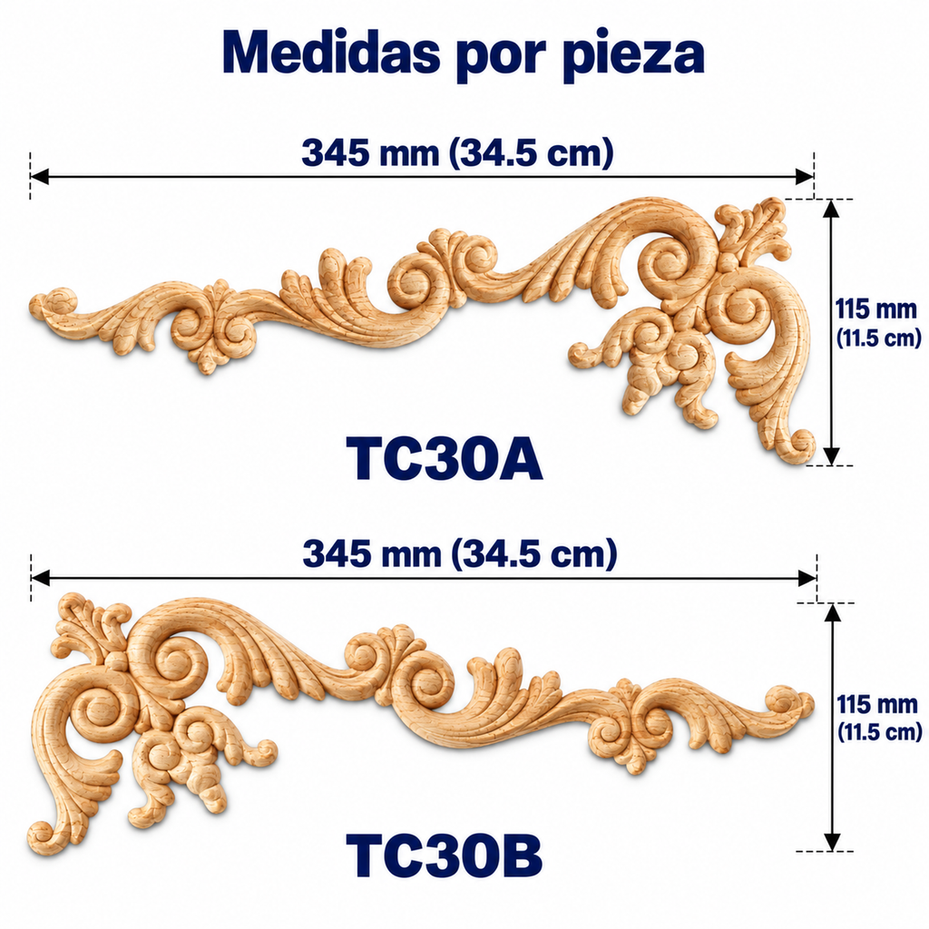 Kit de 2 Aplicaciones Decorativas de Madera TC30A + TC30B | Par Complementario de Pino Natural | 34.5 × 11.5 cm