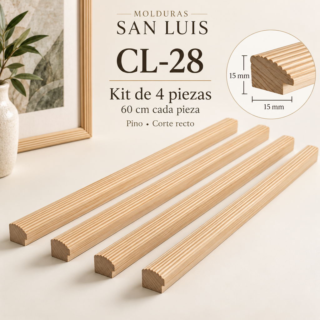 Moldura de madera lisa para marco CL28 – Kit de 4 piezas