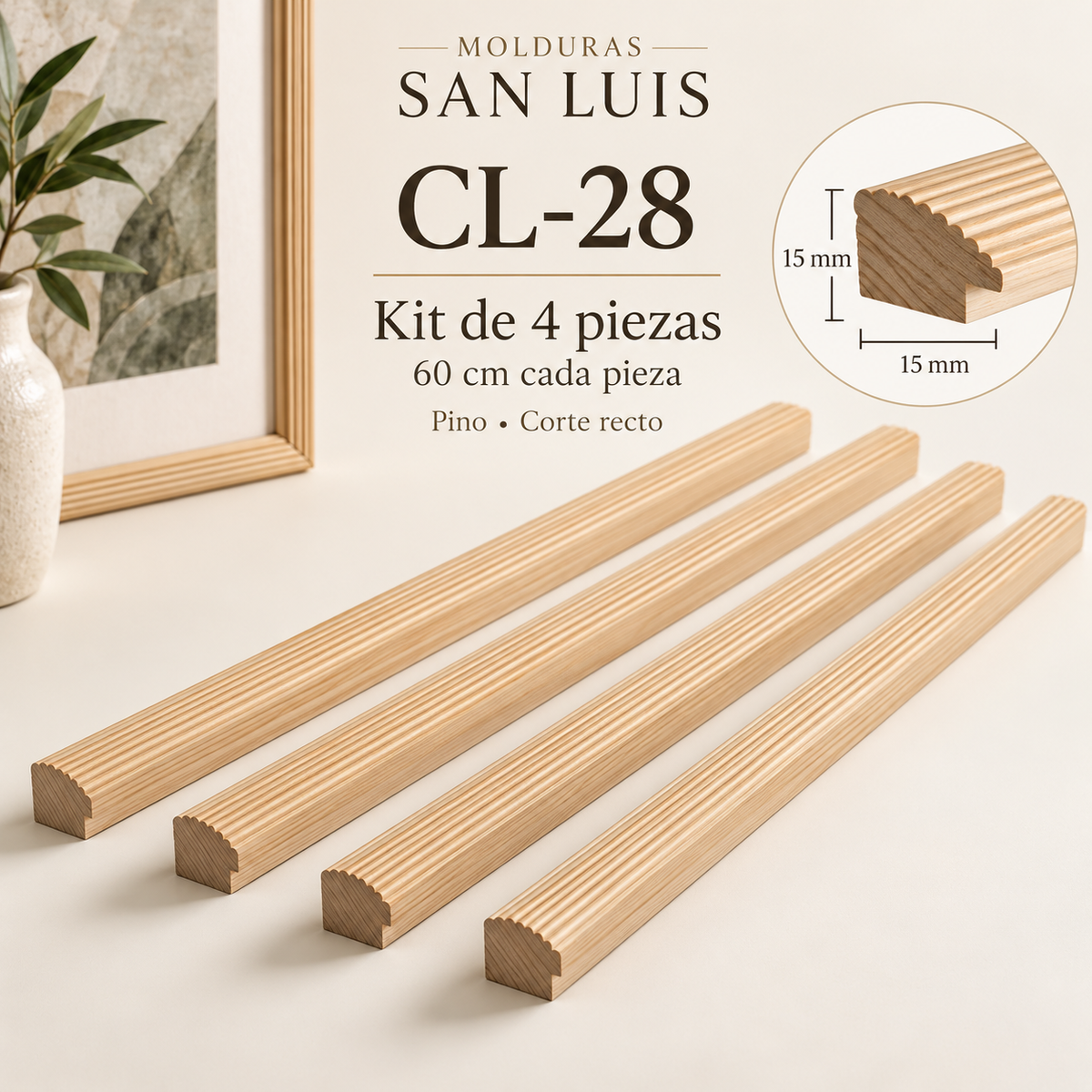 Moldura de madera lisa para marco CL28 – Kit de 4 piezas