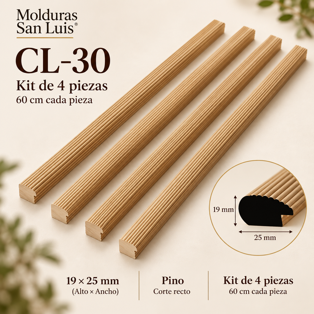 Moldura de madera lisa para marco CL30 – Kit de 4 piezas