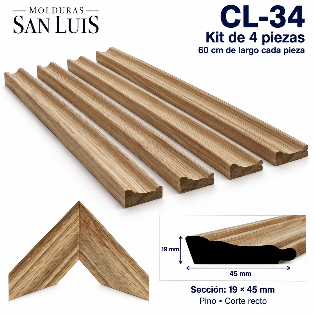 Moldura de madera lisa para marco CL34 – Kit de 4 piezas