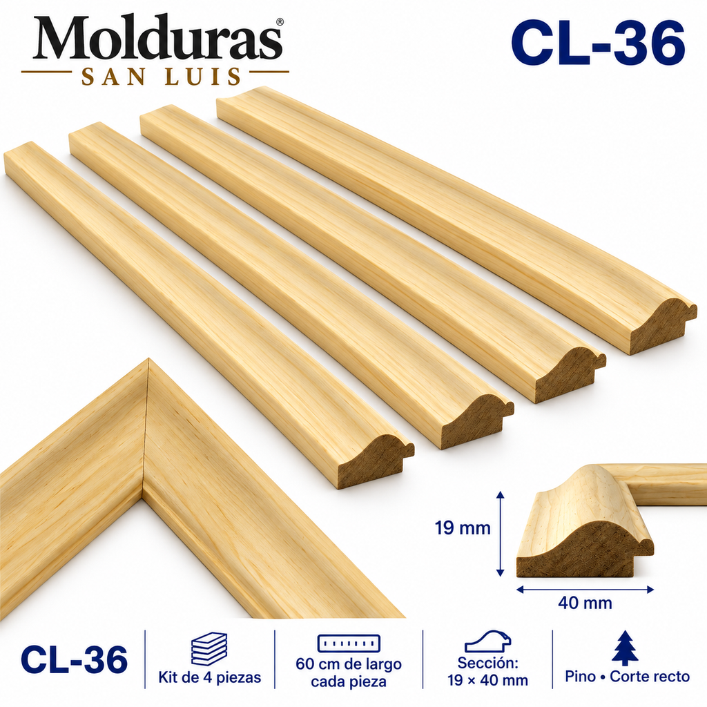 Moldura de madera lisa para marco CL36 – Kit de 4 piezas