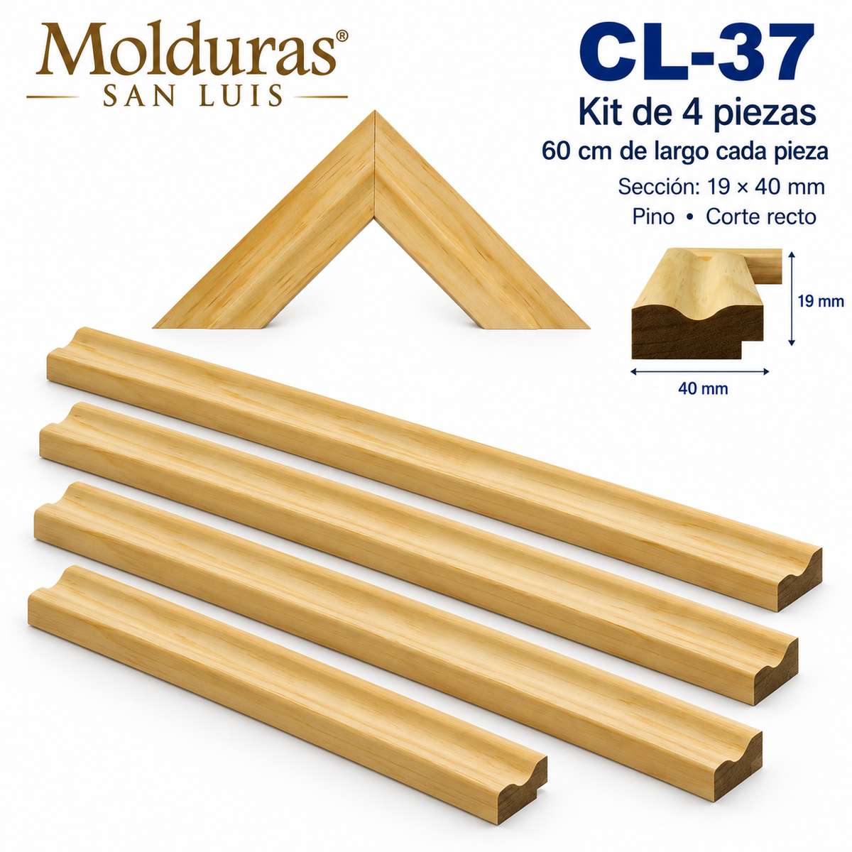 Moldura de madera lisa para marco CL37 – Kit de 4 piezas