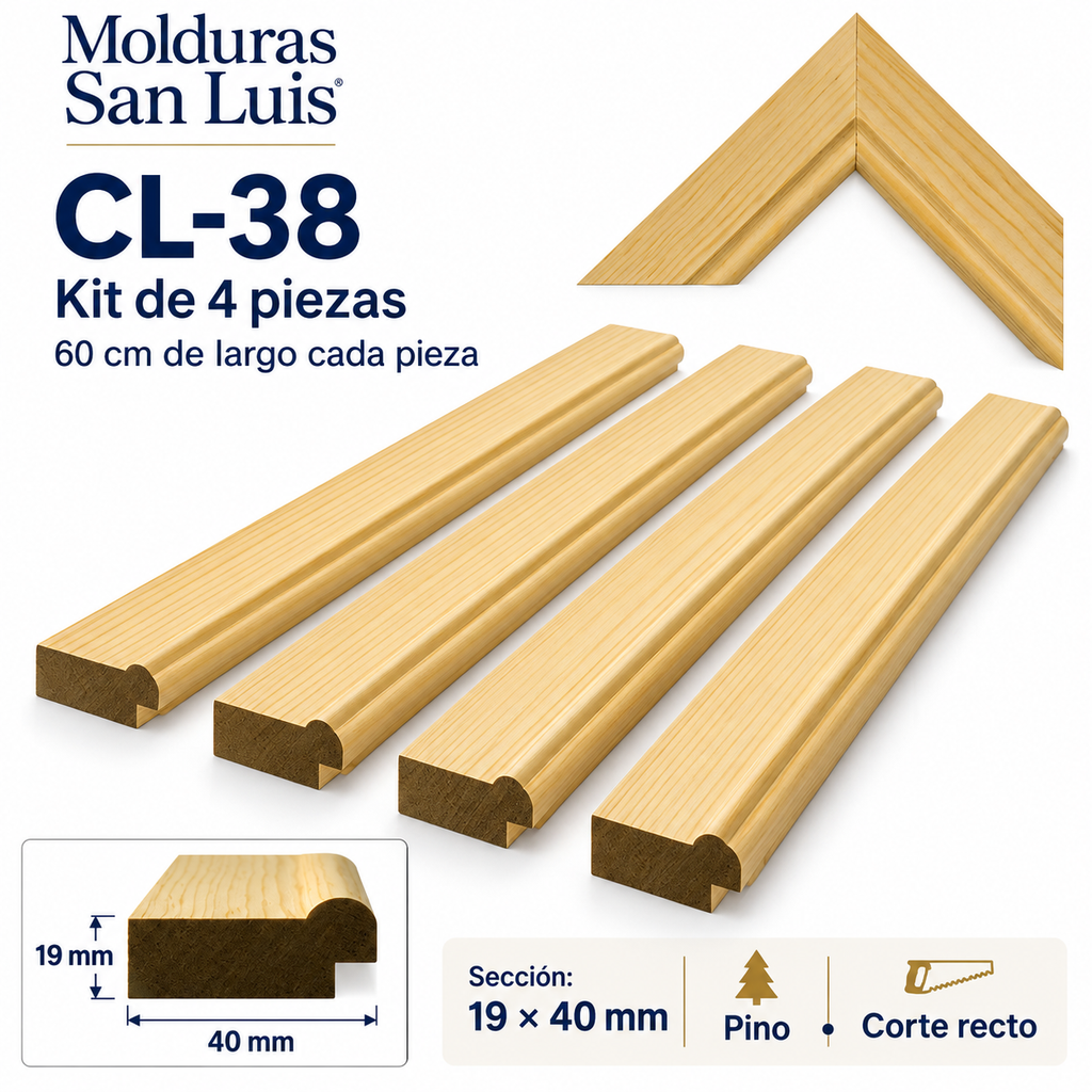 Moldura de madera lisa para marco CL38 – Kit de 4 piezas