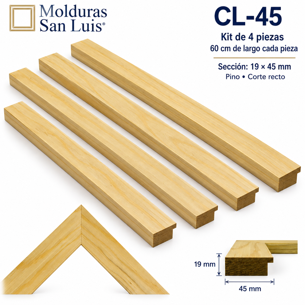 Moldura de madera lisa para marco CL45 – Kit de 4 piezas
