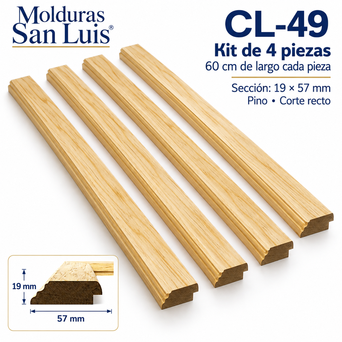 Moldura de madera lisa para marco CL49 – Kit de 4 piezas