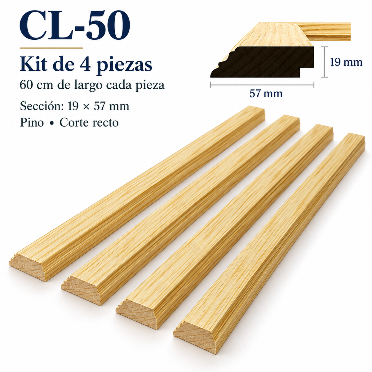 Moldura de madera lisa para marco CL50 – Kit de 4 piezas