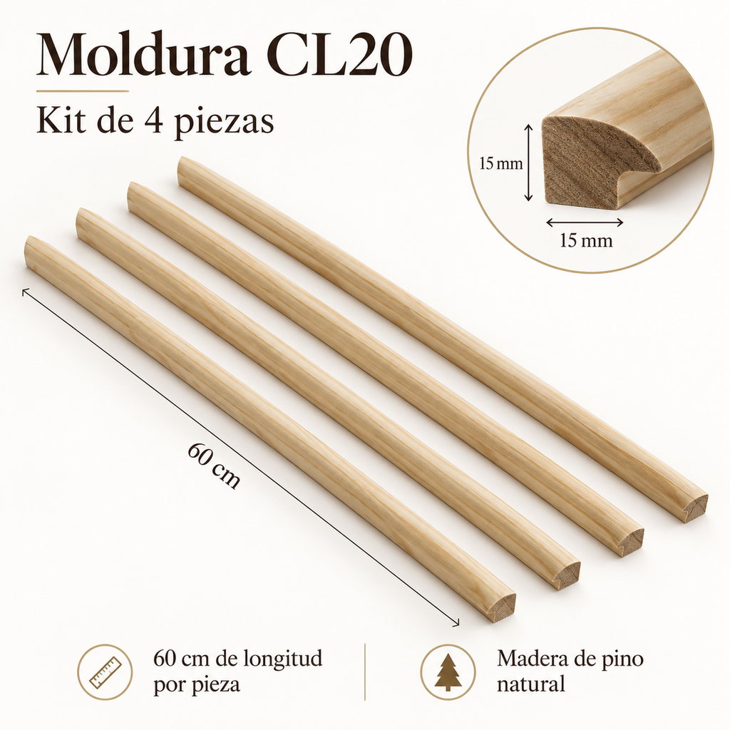 Moldura de madera lisa para marco CL20 – Kit de 4 piezas