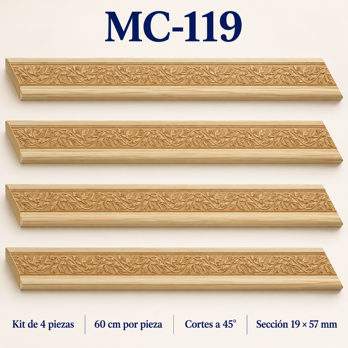 Moldura de madera grabada para marco MC119 – Kit de 4 piezas
