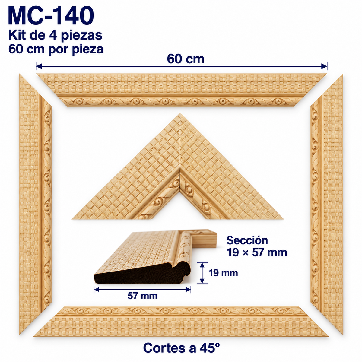 Moldura de madera grabada para marco MC140 – Kit de 4 piezas