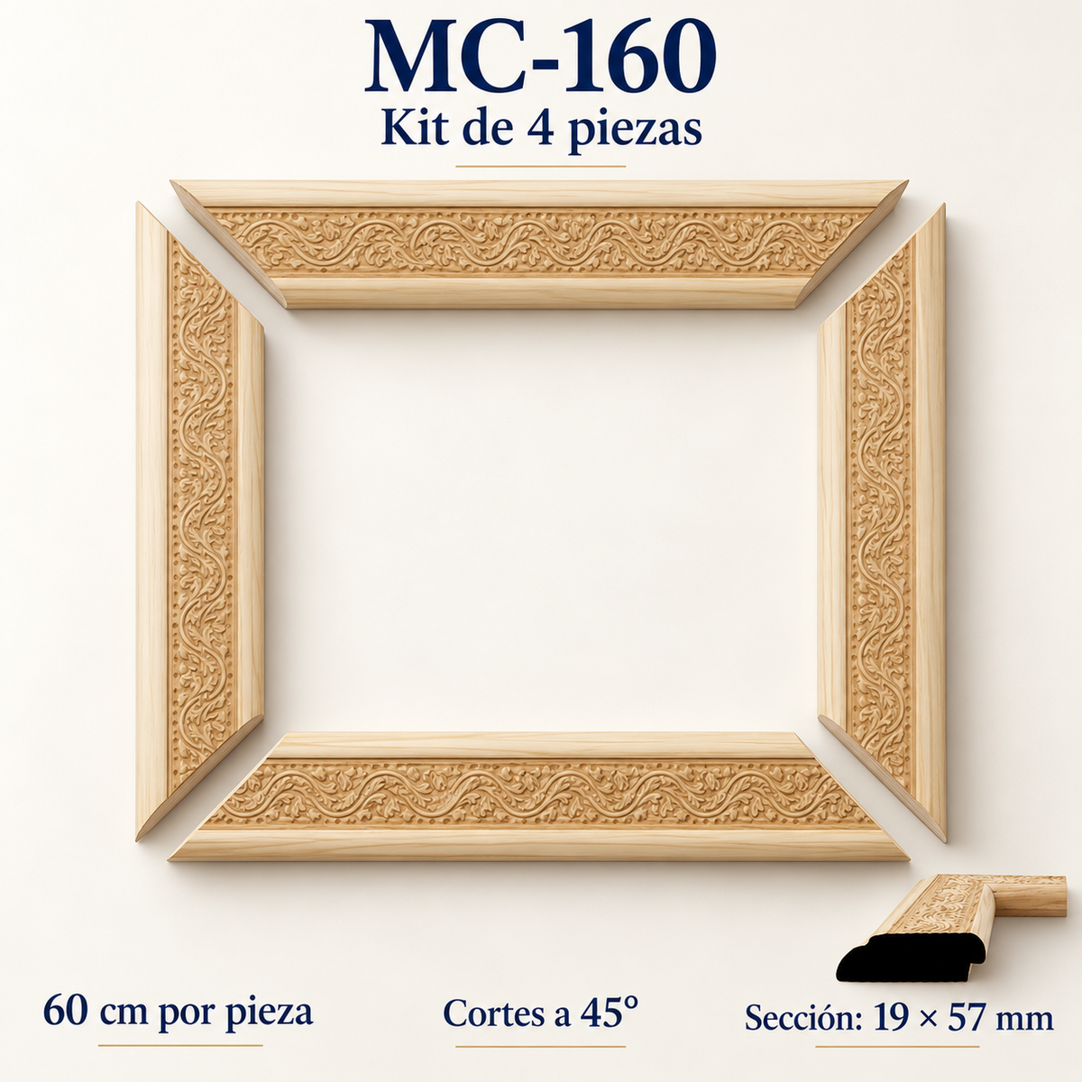 Moldura de madera grabada para marco MC160 – Kit de 4 piezas