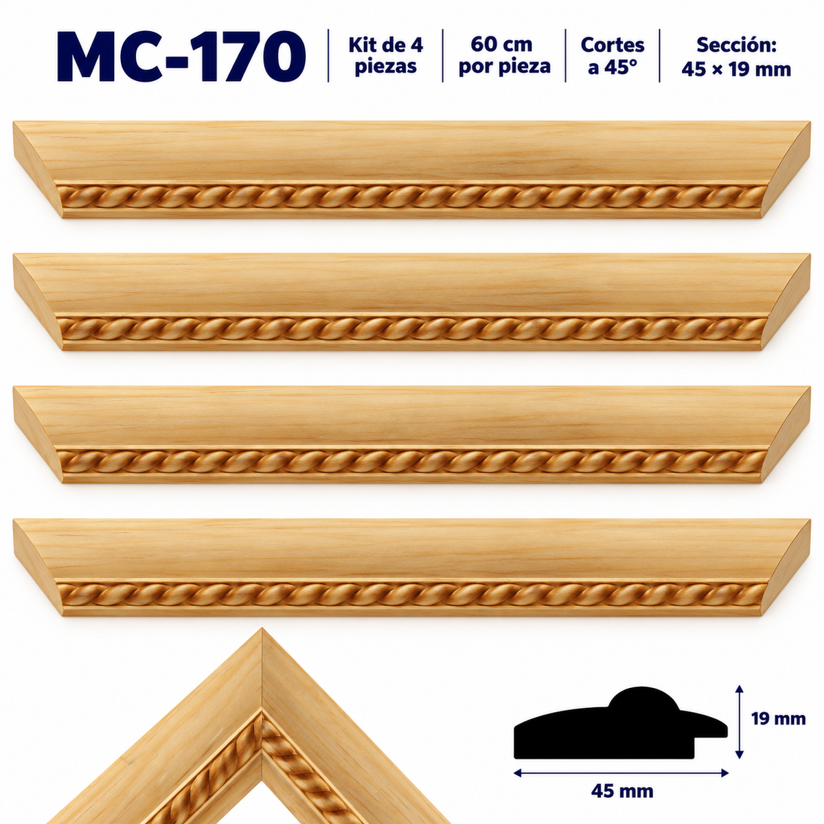 Moldura de madera grabada para marco MC170 – Kit de 4 piezas