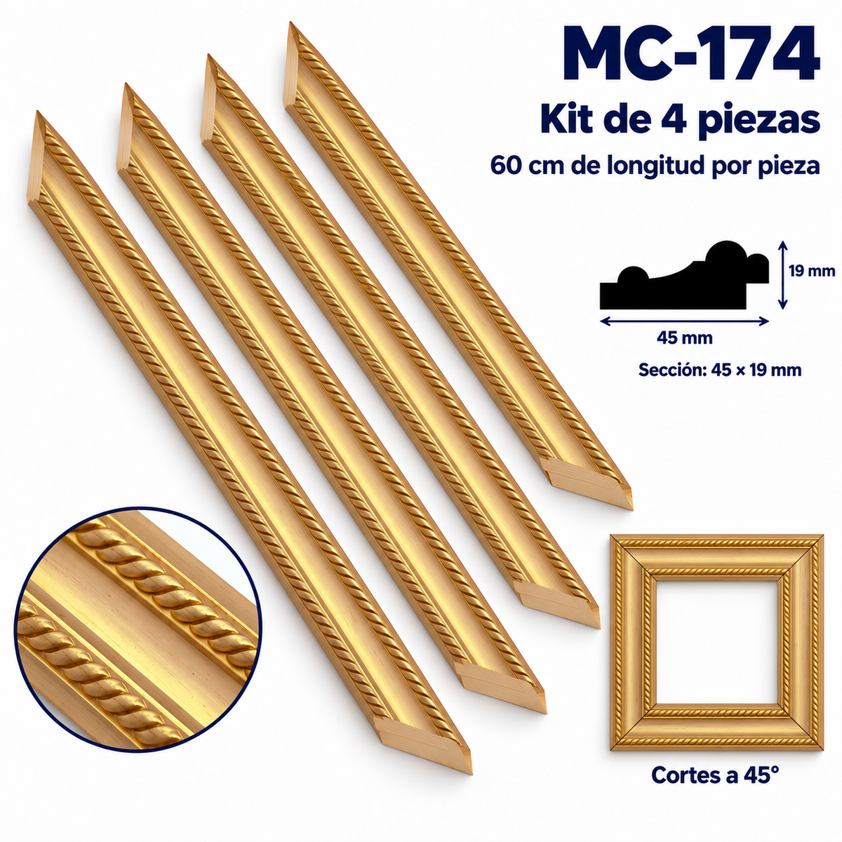 Moldura de madera grabada para marco MC174 – Kit de 4 piezas