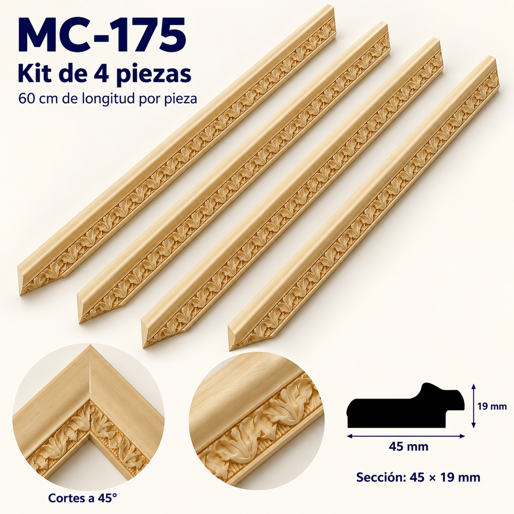 Moldura de madera grabada para marco MC175 – Kit de 4 piezas