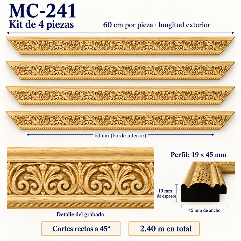 Moldura de madera grabada para marco MC241 – Kit de 4 piezas