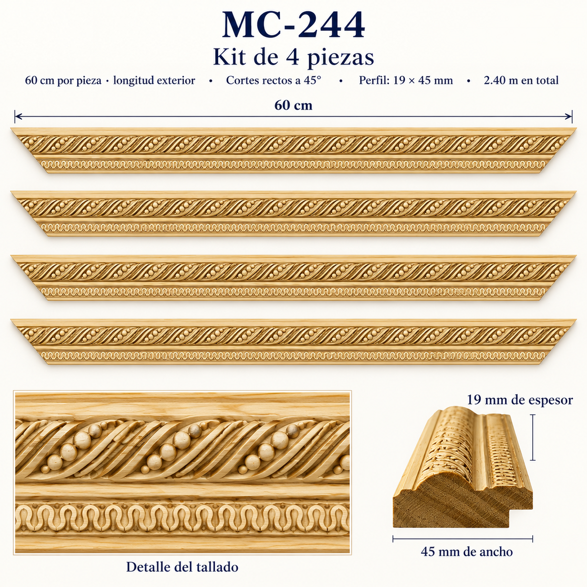 Moldura de madera grabada para marco MC244 – Kit de 4 piezas