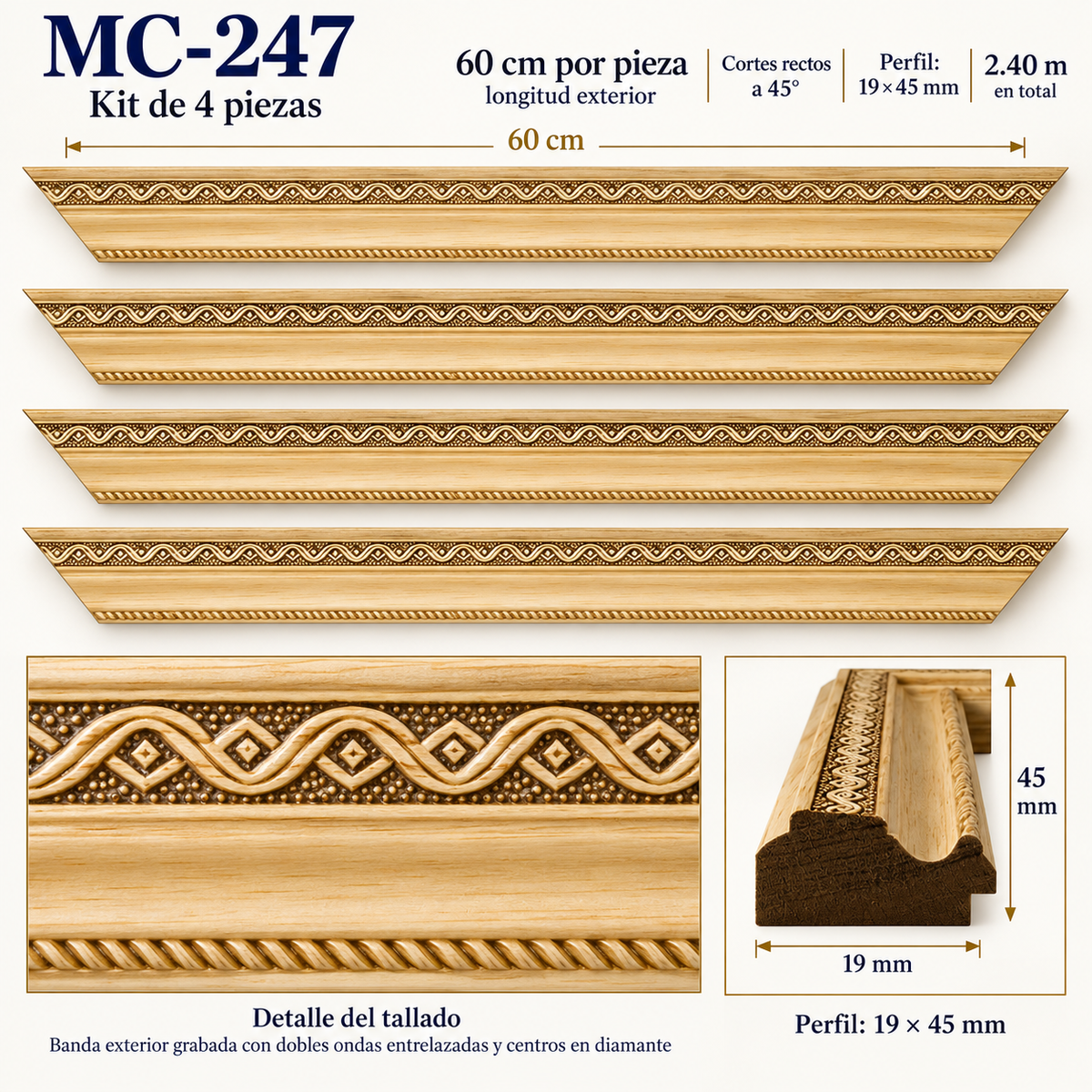 Moldura de madera grabada para marco MC247 – Kit de 4 piezas