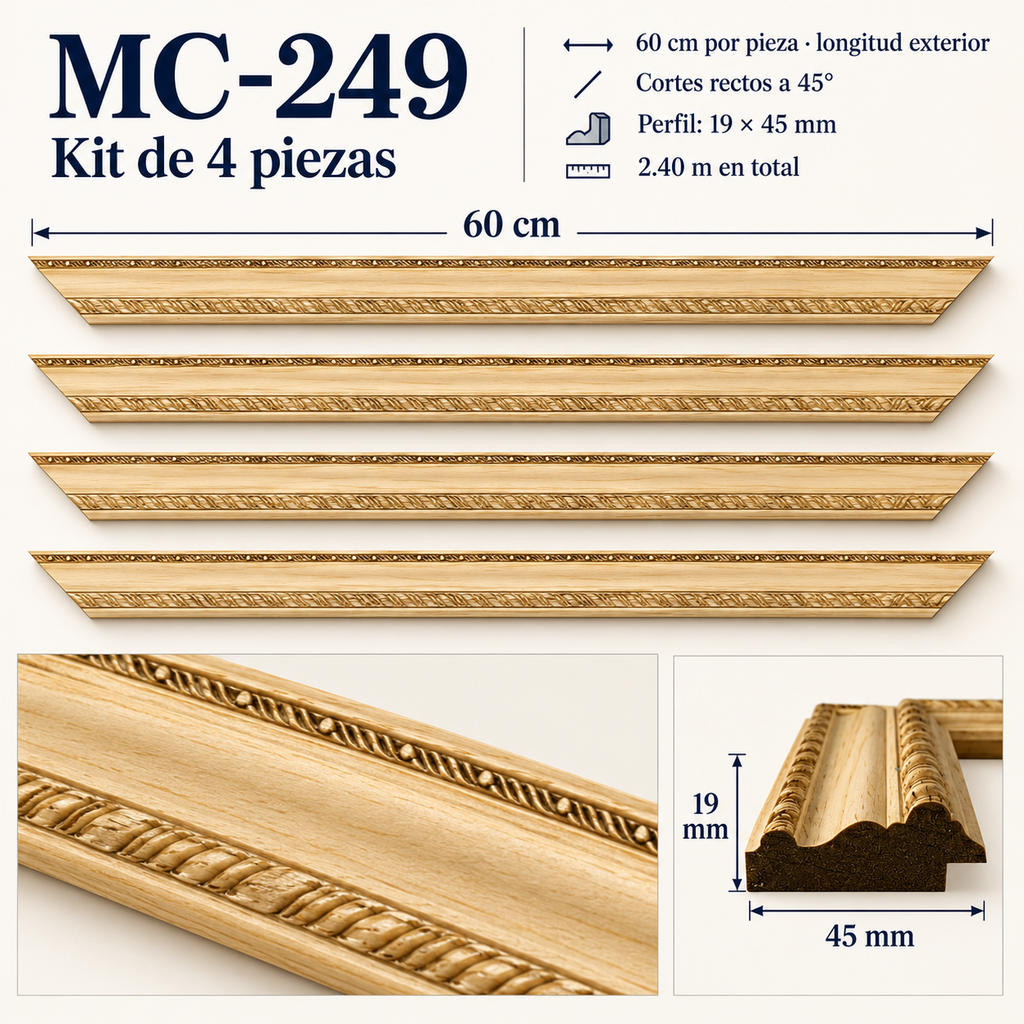 Moldura de madera grabada para marco MC249 – Kit de 4 piezas