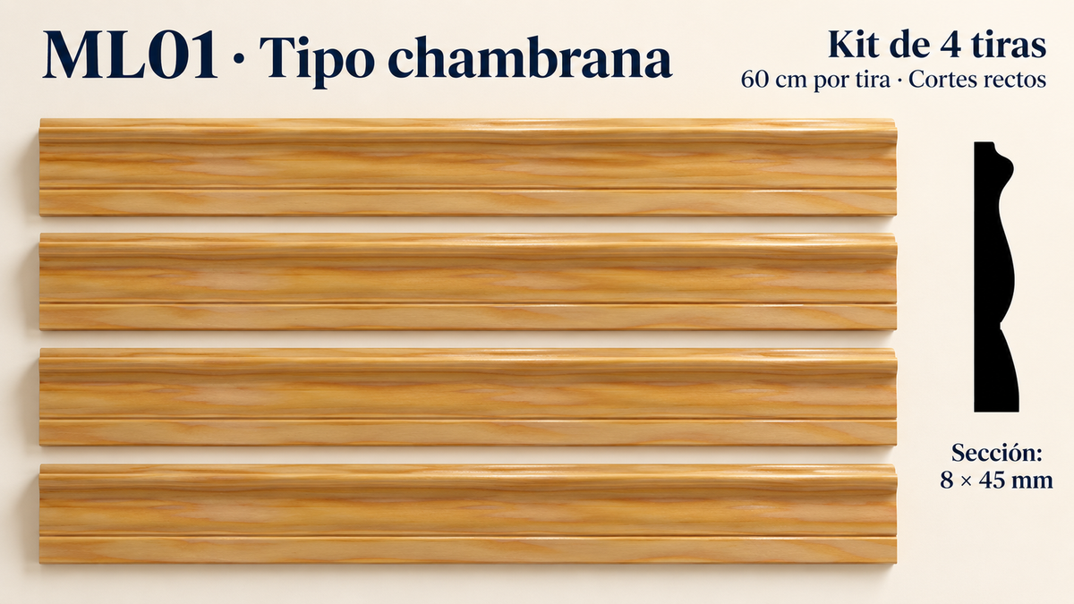 Moldura de madera lisa para mueble ML-01 – Kit de 4 Piezas TIPO CHAMBRANA