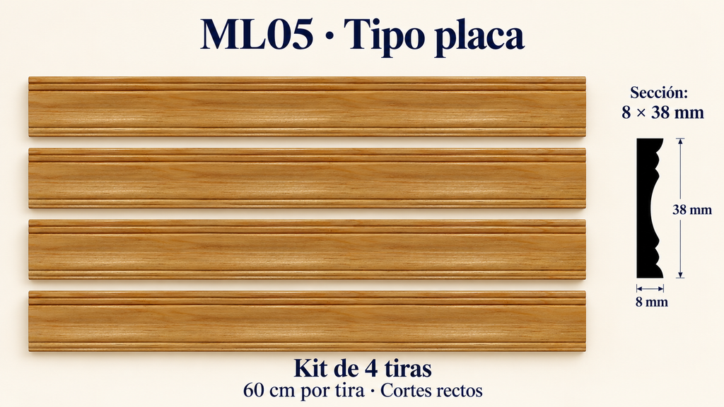 Moldura de madera lisa para mueble ML-05 – Kit de 4 Piezas TIPO PLACA