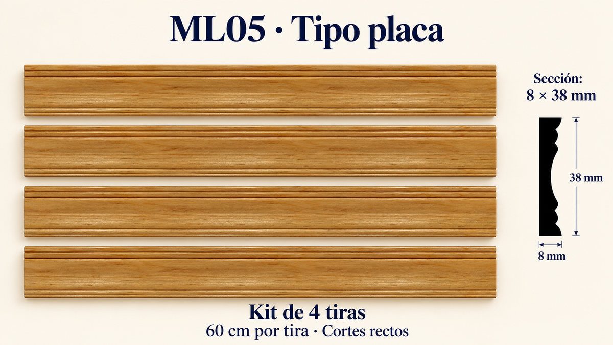 Moldura de madera lisa para mueble ML-05 – Kit de 4 Piezas TIPO PLACA