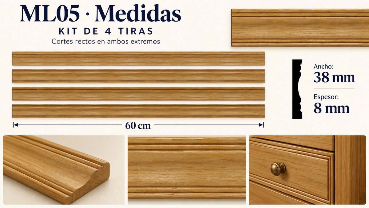 Moldura de madera lisa para mueble ML-05 – Kit de 4 Piezas TIPO PLACA