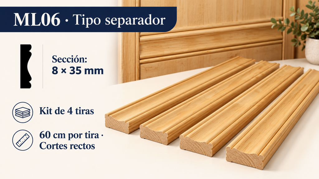 Moldura de madera lisa para mueble ML-06 – Kit de 4 Piezas TIPO SEPARADORA