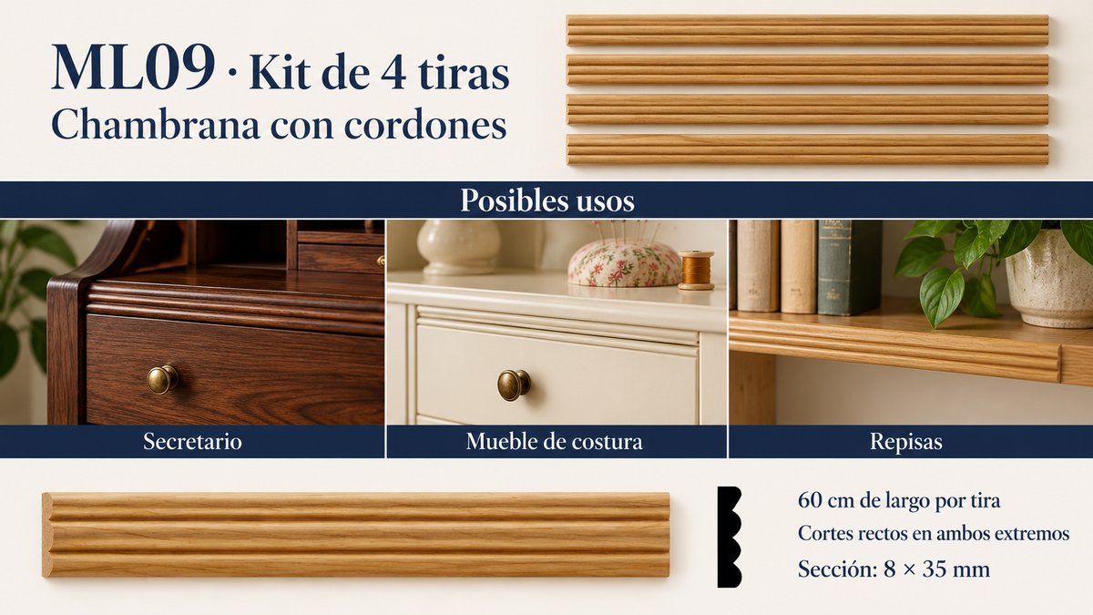 Moldura de madera lisa para mueble ML-09 – Kit de 4 Piezas TIPO CHAMBRANA CORDONES