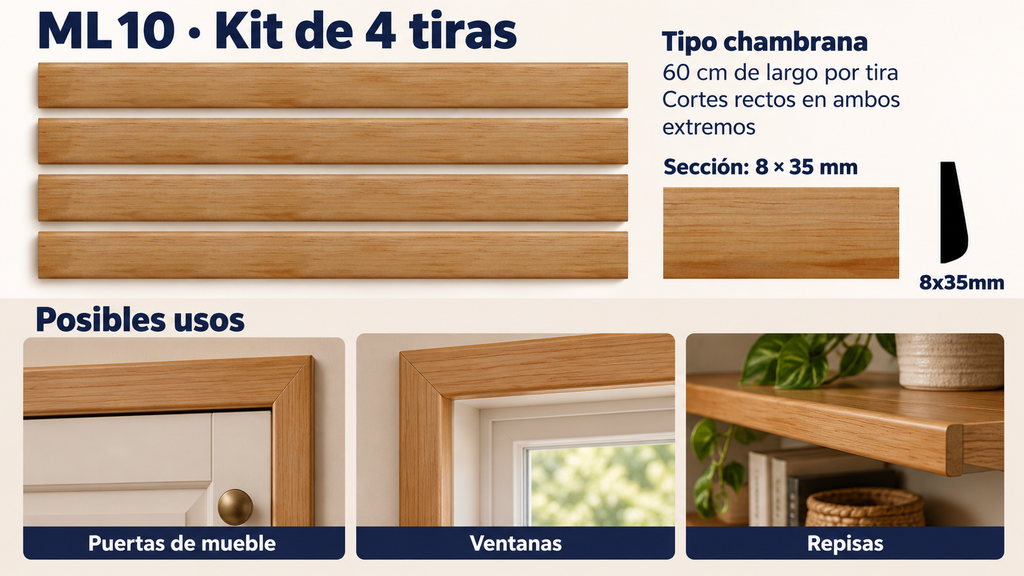 Moldura de madera lisa para mueble ML-10 – Kit de 4 Piezas TIPO CHAMBRANA