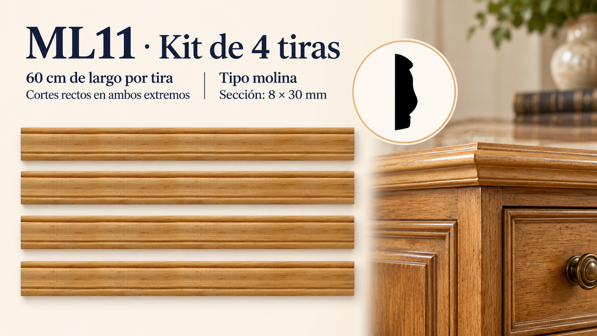 Moldura de madera lisa para mueble ML-11– Kit de 4 Piezas TIPO MOLINA