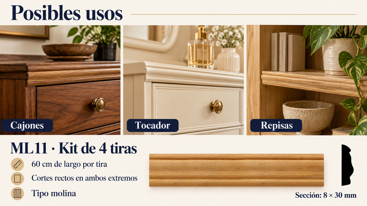 Moldura de madera lisa para mueble ML-11– Kit de 4 Piezas TIPO MOLINA