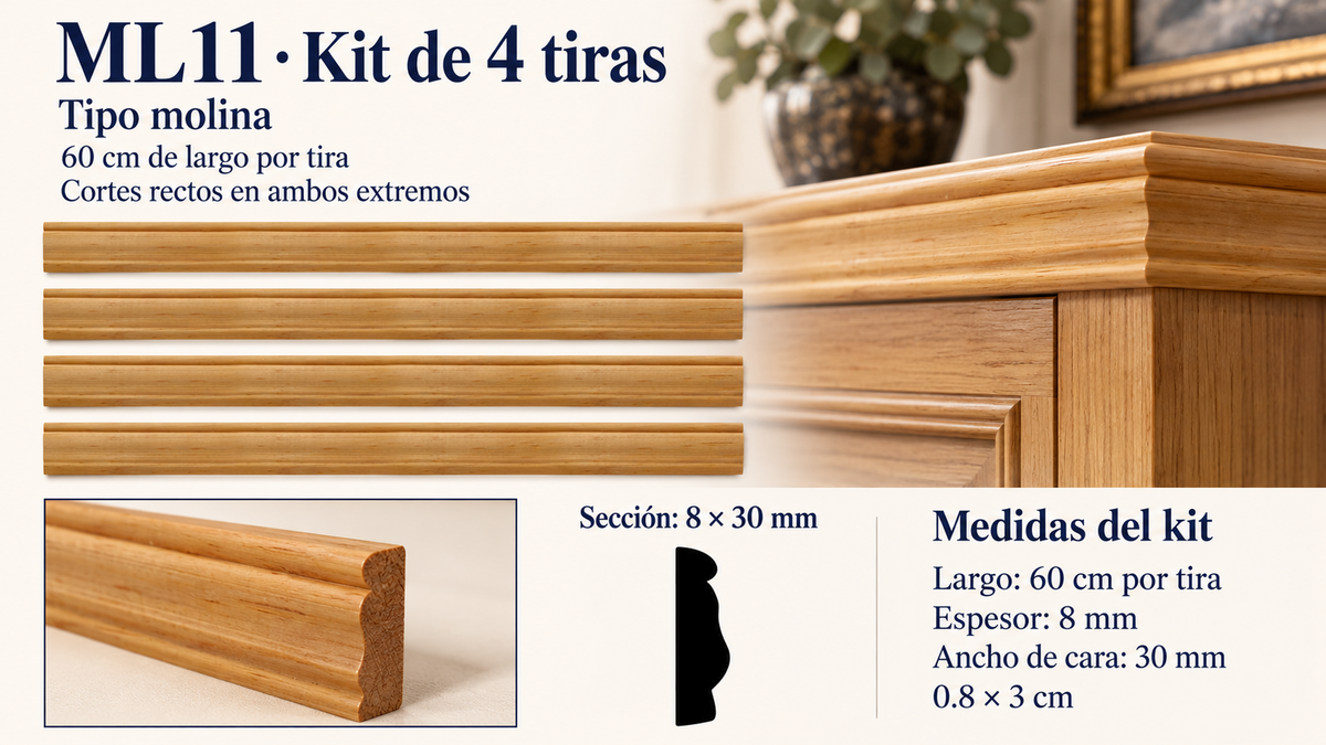 Moldura de madera lisa para mueble ML-11– Kit de 4 Piezas TIPO MOLINA