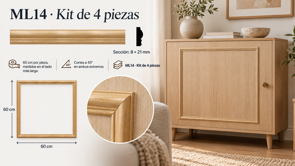 Moldura de madera lisa para mueble ML-14 – Kit de 4 Piezas