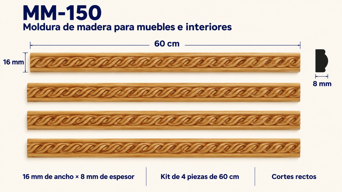 Moldura de madera grabada para mueble MM-150 – Kit de 4 piezas