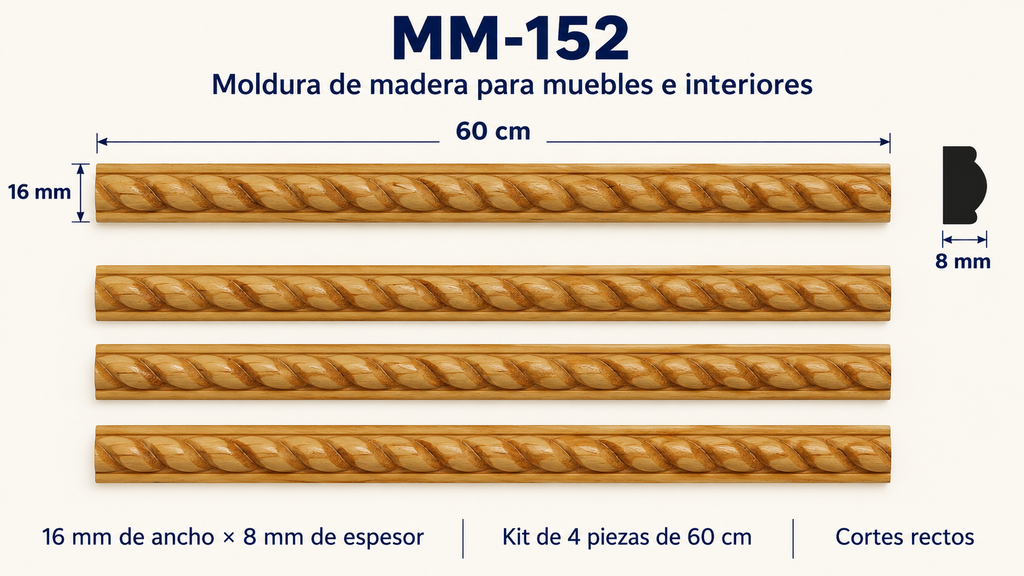 Moldura de madera grabada para mueble MM-152 – Kit de 4 piezas
